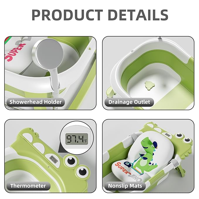 Collapsible Baby Bathtub for Newborn, Foldable Baby Bath Tub with Thermometer & Soft Floating Cushion & Drain Hole, Portable Travel Infant Bath Tubs for Newborns to Toddler 0-36 Months Girl, Green-CubbioJoy