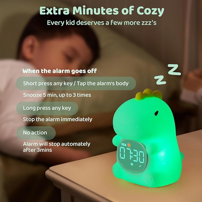 Dinosaurs Alarm Clock with Night Light for Kids with Sleep Training and Sound Machine, Rechargeable Silicone Lamp OK to Wake Clock，Cute Animal Tabletop Lamp, Perfect Sleep Companion for Boys Girls-CubbioJoy