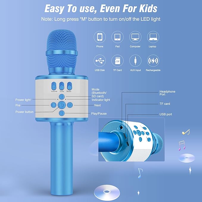 BONAOK Karaoke Microphone for Kids & Adults - Bluetooth Microphones Singing Mic with Disco Lights, Echo Effect, Built-in Speaker Portable Karaoke Player for Party Travel Gifts Q78(Blue)-CubbioJoy