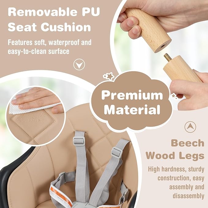 BABY JOY Baby High Chair, 6 in 1 Convertible Wooden High Chair for Babies & Toddlers with Adjustable Legs, Double Removable Tray, Safety Harness & Waterproof PU Cushion (Coffee)-CubbioJoy