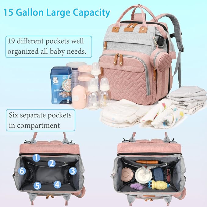 Jeryswet Baby Diaper Bags with Changing Station, Waterproof Large Capacity Diaper Bag Backpack for Moms Dads with USB Charging Port and Stroller Straps, Baby Shower Gifts, Pink-Grey-CubbioJoy