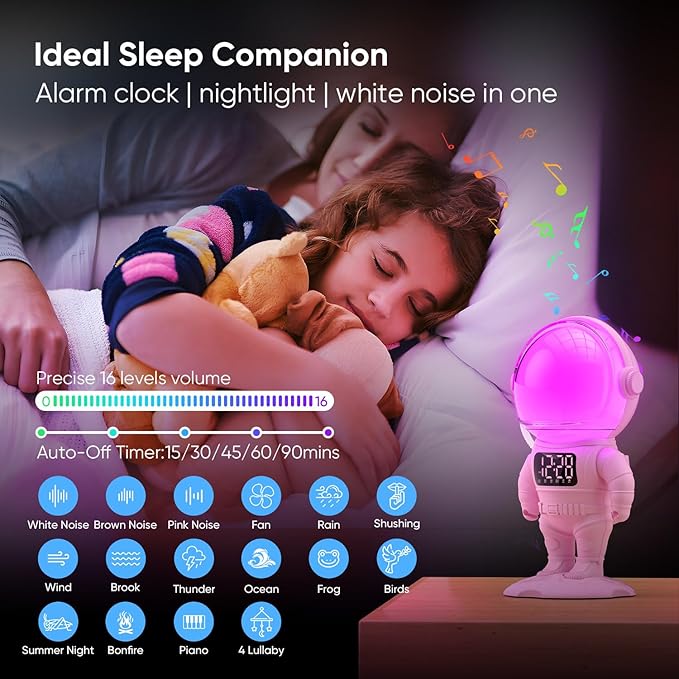 Astronaut Sunrise Alarm Clock for Kids, White Noise Sound Machine with 30 Soothing Sounds, 22 Dimmable Nightlights, Bluetooth Speaker, Dual Digital Alarm Clocks, Wake Up Light for Bedroom, Adults-CubbioJoy