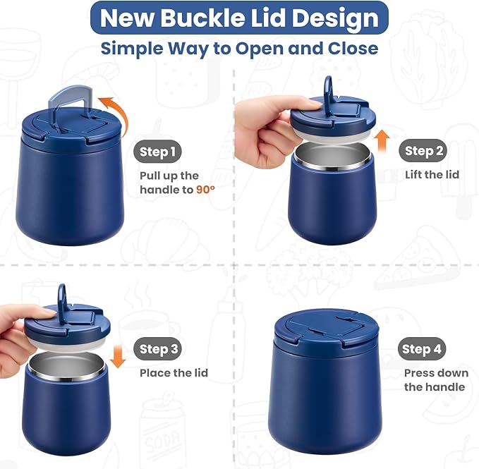 20oz Insulated Vacuum Food Jar with Buckle Lid,Soup Thermo for Hot Food Kids,Wide Mouth Leakproof Stainless Steel Lunch Container with Spoon-Blue-CubbioJoy