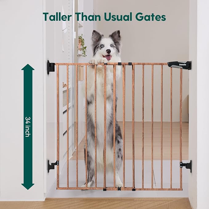 Babelio 34" Extra Tall Baby/Dog Gate with No Threshold Design Walk Thru Door, 26-43" Auto Close Safety Gate for Babies, Elders and Pets, Fits Doorways, Stairs, and Entryways, Brown Wood Pattern-CubbioJoy