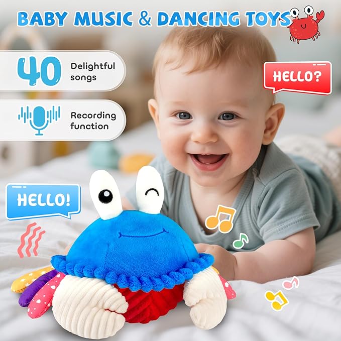 Baby Toys 12-18 Months, Musical Crawling Crab Plush Toy - 40 Songs & Recording Feature, Dancing Walking Moving Bouncing Tummy Time Toy, Sensory Toys for Toddlers 1-3, Birthday Gifts for Infants-CubbioJoy
