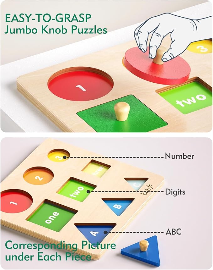 Boby Montessori Puzzles for Babies 12-18-24 Months, Wooden Jumbo Knob Peg Puzzle Shape sorter for Toddlers 1-3 Year Old, Early Learning Sensorial Toys (Shapes & Size Sorting Puzzle)-CubbioJoy