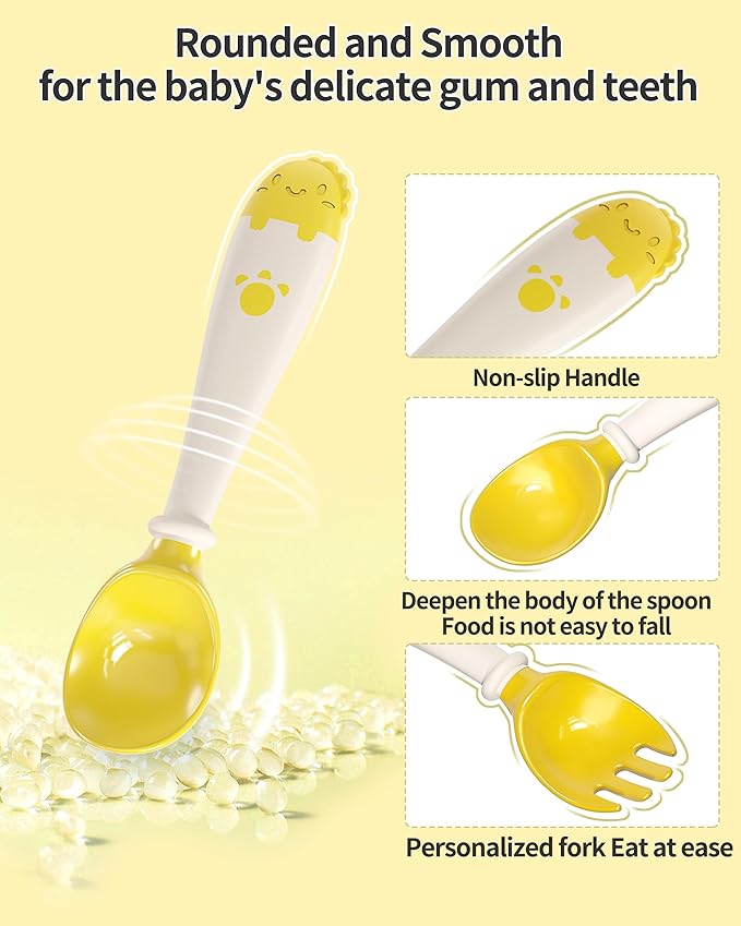 Deejoy Toddler Utensils with Travel Safe Case, Silicone Baby Spoons and Fork Set for Self Feeding, Toddlers Feeding Training Spoon, Easy Grip Heat-Resistant, Bendable Function (2 Sets, Yellow+Blue)-CubbioJoy