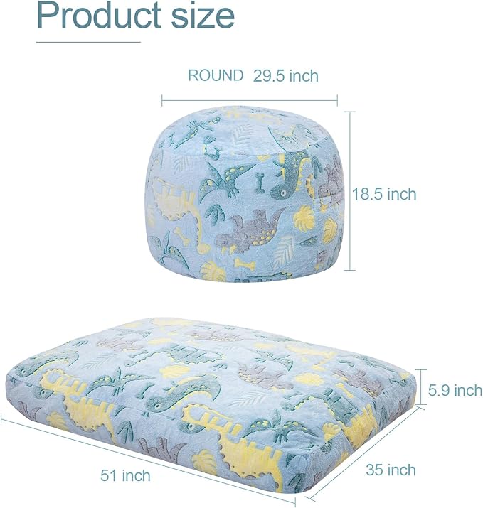 Bean Bag Chair for Kids, Toddler Beanbag Bed Unicorn, Convertible Children Bean Chair to Floor Mattress with Filler, Stuffed Child Bean Bags for Girl Boy Sleeping, Blue Dino-CubbioJoy