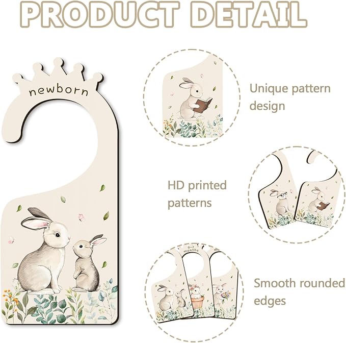Baby Clothes Dividers for Closet - Set of 8 Wooden Baby Size Closet Dividers Newborn to 24 Months, Rabbits Babies Clothes Organizer for Boys Girl Nursery Decor Gender-Neutral Newborn Hangers Dividers-CubbioJoy