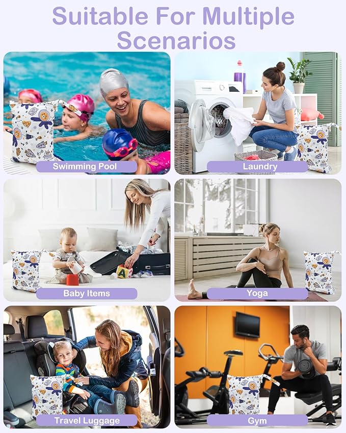 ALVABABY 3 Cloth Diaper Wet Dry Bags Waterproof Reusable with Two Zippered Pockets Travel Beach Pool Daycare Soiled Baby Items Yoga Gym Bag for Swimsuits or Wet Clothes Small Medium Large 3L-ZM28-CubbioJoy