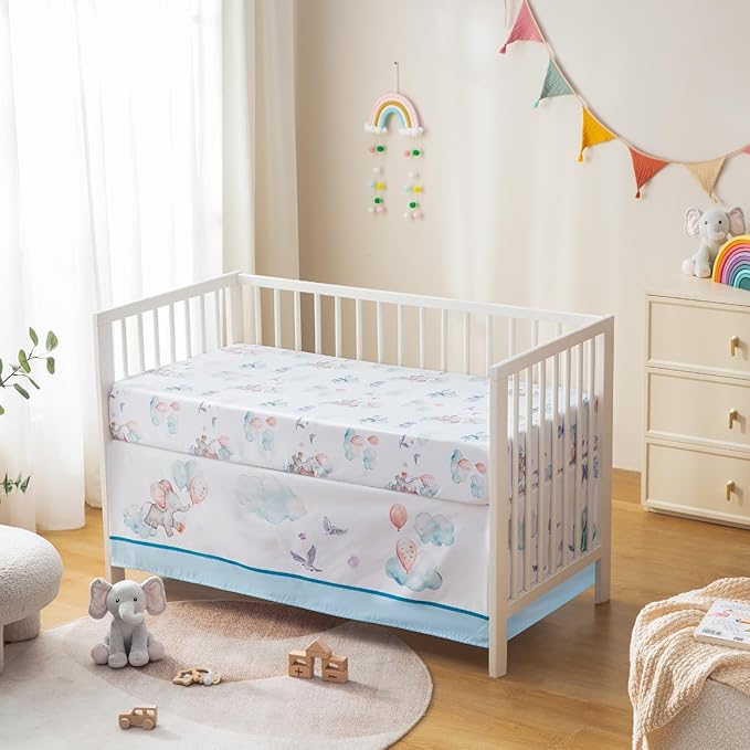 4 Piece Crib Bedding Set for Boys Girls, Infant Toddler Nursery Baby Bedding Sets Includes Cartoon Quilt, Fitted Crib Sheet, Crib Skirt and Plush Elephant Toy-CubbioJoy