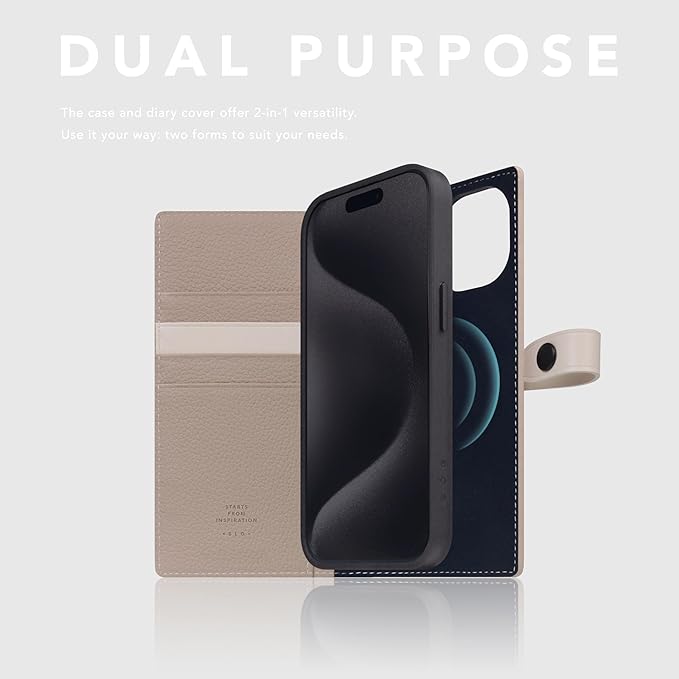 D8 Edition Full Grain Leather Wallet Case for iPhone 15 - [2-in-1] Handcrafted Detachable Diary Style with Magnetic MagSafe Back Cover and Snap Closure, Gift Box Included (Light Cream)-CubbioJoy
