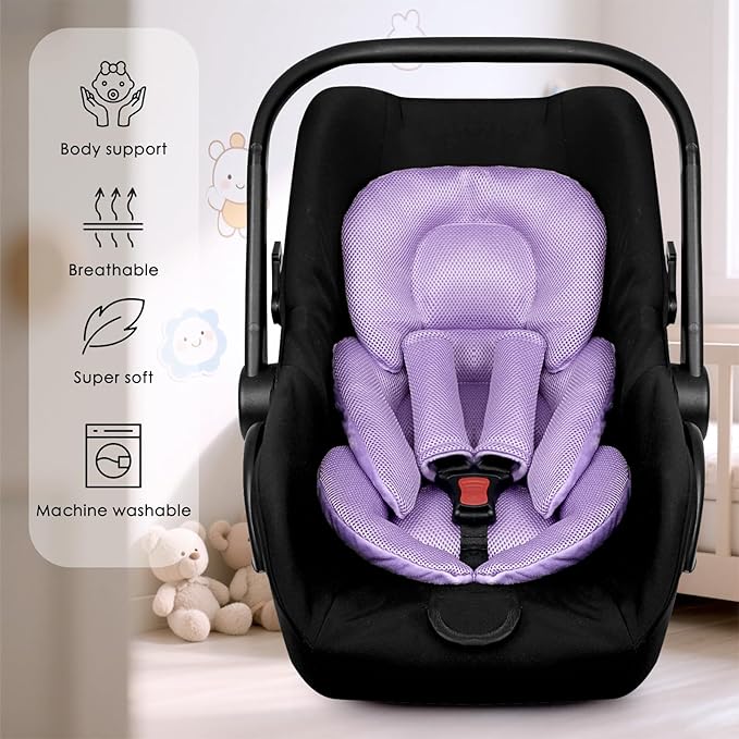 Infant Car Seat Insert for Newborn Girls Boys, Summer Mesh Baby Carseat Head Support with Strap Pads, Soft Reversible Baby Car Seat Insert Cushion Pad for Car Seat, Stroller, Bouncer, Swing, Purple-CubbioJoy