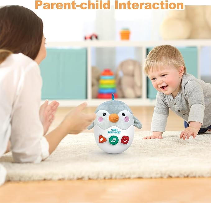 Infant Toys 0-3-6-12 Months Shower Gifts, Plush Cute Stuffed Animal Penguin Musical Baby Tummy Toys with Light & Sounds, Roly-Poly Easter Birthday Gift for Newborn Boys & Girls-CubbioJoy