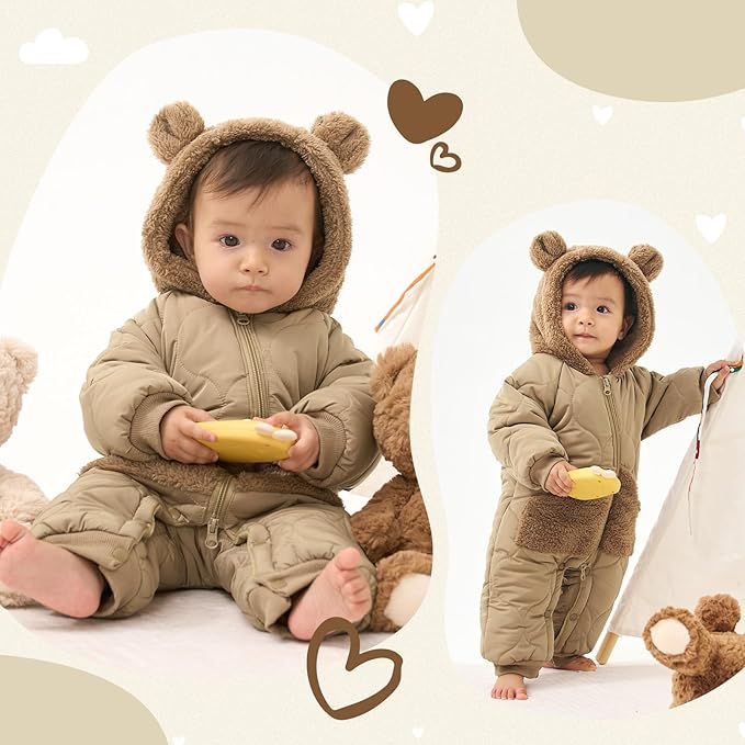 JiAmy Baby Snowsuit Newborn Winter Clothes Coat Romper Windproof Fleece Hat Zipper Baby Bear Outfit-CubbioJoy