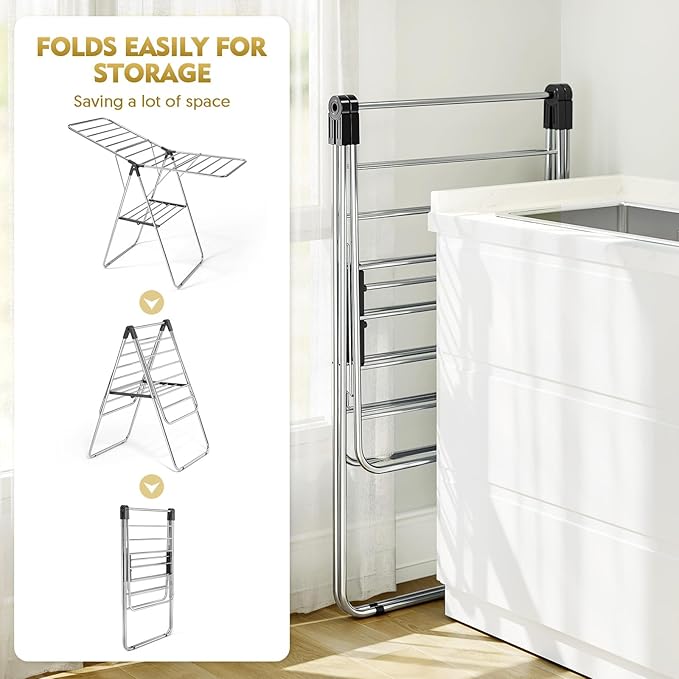 APEXCHASER Clothes Drying Rack, Drying Rack Clothing with Height-Adjustable, Foldable Gullwings Laundry Rack, Indoor Outdoor Use, No Assembly,Black-CubbioJoy