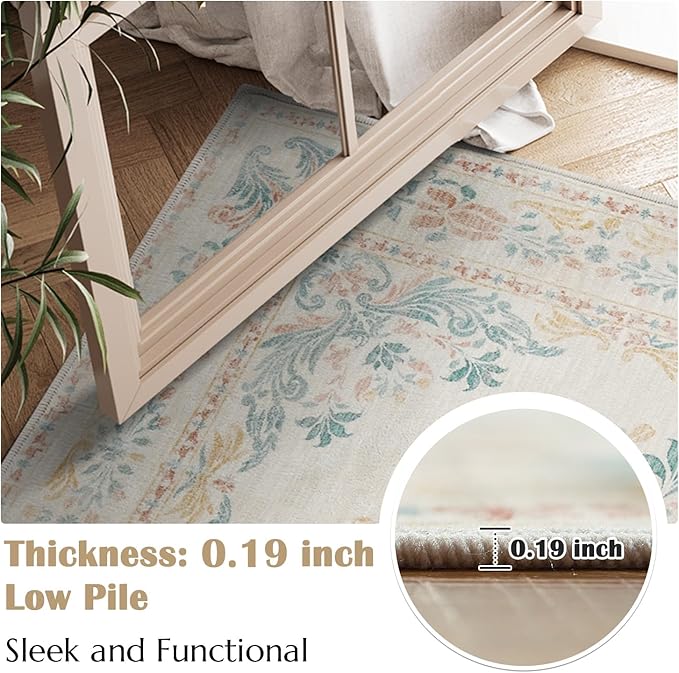 jinchan Vintage Floral 3x5 Area Rugs for Entryway - Machine Washable Distressed Design Ultra-Thin Low-Pile Soft Non-Shedding Carpet for Kitchen Bedroom Laundry Living Room (3x5ft,Apricot Multi)-CubbioJoy