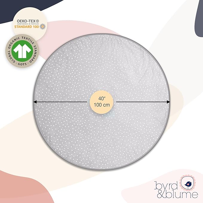 Byrd & Blume Round Baby Play Mat, Organic Cotton Soft Padded Nursery Floor Mat, Safe Hypoallergenic Baby Mat, Reversible, Foldable, Portable Infant Tummy Time Mat Fits Tents & Playpens (40"x40") Gray-CubbioJoy
