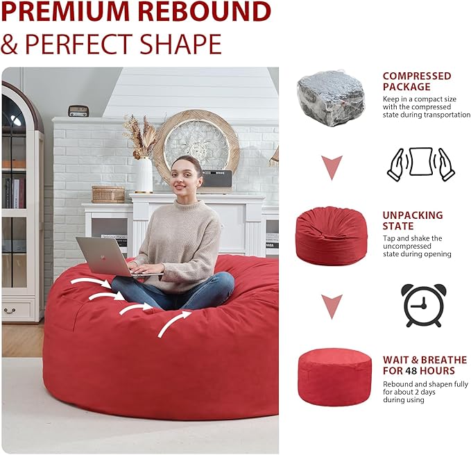 3FT Bean Bag Chair, Comfy Bean Bag Chairs with Memory Foam Filled, Fluffy Beanbag Sofa with Dutch Velvet Cover, Round BeanBag Chairs for Living Room, Playroom - Red-CubbioJoy