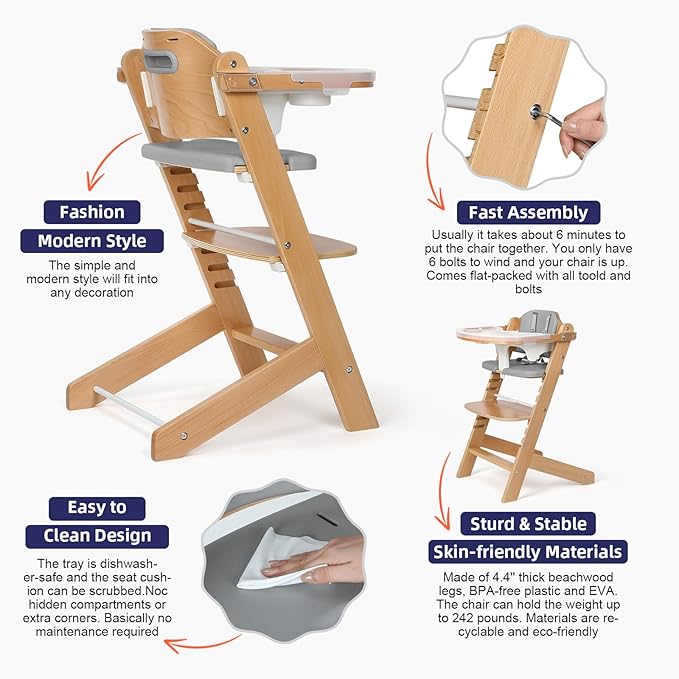 Cowiewie 3-in-1 Convertible Natural Wooden High Chair for Babies & Toddlers 3-Tier Remove & 2 Adjustable Wood Tray & 8 Levels Adjustable, 2 Waterproof Cozy Cushions Grey-CubbioJoy