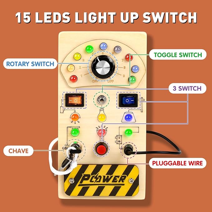 Joyreal Toddler Busy Board, Wooden Montessori Busy Board Sensory Board with LED Light Switch, Sensory Toys Baby Fidget Board Travel Toys for Toddler-CubbioJoy