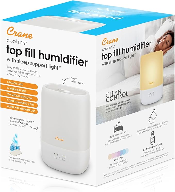 Crane Ultra-Quiet 3-in-1 Humidifier for Baby with Essential Oil Tray, 7-Color Sleep Light, 1 Gallon Top-Fill Tank, Ideal for Bedroom-CubbioJoy