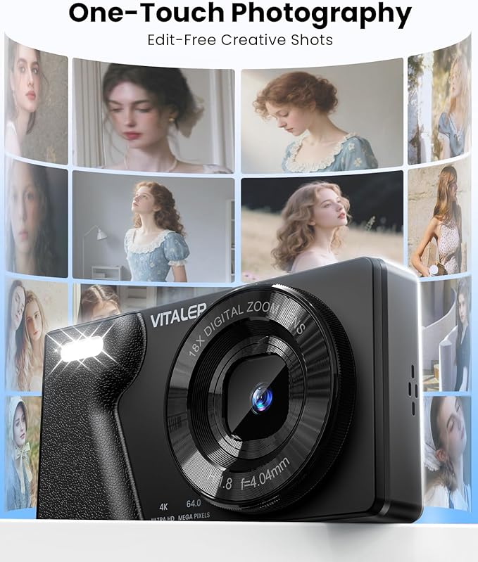 Digital Camera with Front Rear Lens, Autofocus 64MP 4K Camera for Photography with 32GB Card, Portable Compact Point and Shoot Camera for Teens Adult Beginner with Metal Shell, 2000mAh Battery-CubbioJoy