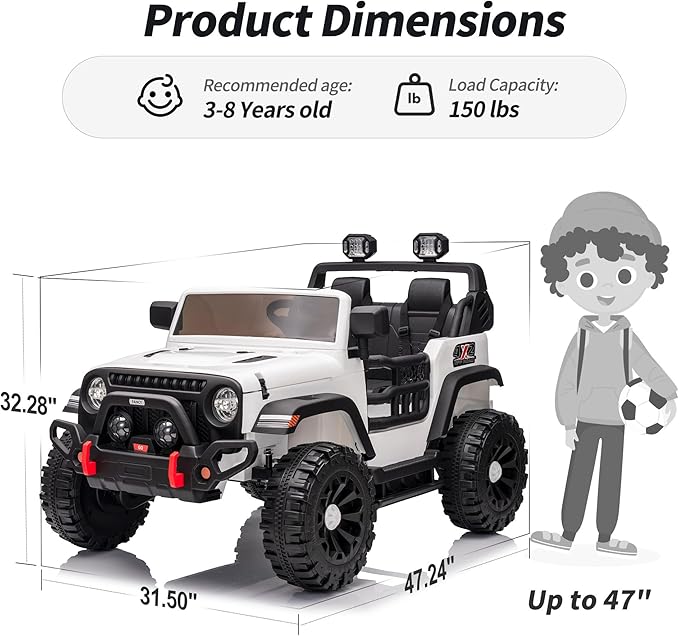 2 Seater Ride on Car Truck, 12V Kids Electric Ride on Toy for Big Kids Age 3-8 w/Remote Control- White-CubbioJoy