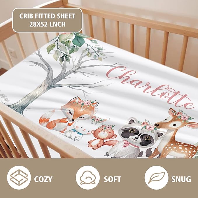 Custom Name Crib Bedding Set - Sika Deer & Fox Pattern, Personalized Nursery Bedding 3-Piece Set– Soft Blanket, Fitted Sheet, Changing Pad Cover – for Newborns Girls Nursery Gifts-CubbioJoy