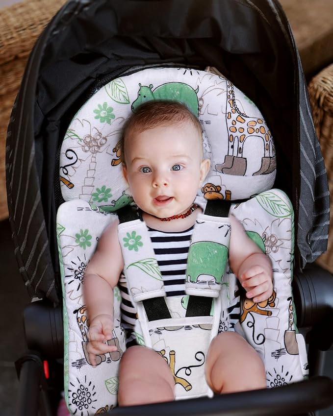 Infant Car Seat Insert, Enlarged Head Support for Baby Carseat, Reversible Newborn Insert with 3 Strap Covers, 2-in-1 Baby Car Seat Cushion for Stroller, Swing, Bouncer, Rocker - Blue Giraffe-CubbioJoy