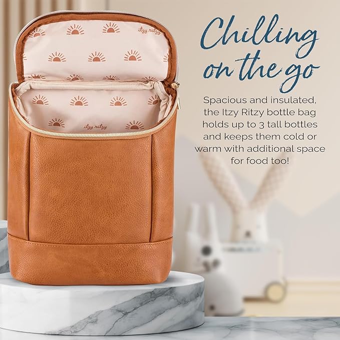 Itzy Ritzy Insulated Bottle Bag – Keeps Bottles Warm or Cool - Holds 3 Bottles & Features Interior Pocket for Ice Pack (Not Included), Cognac-CubbioJoy