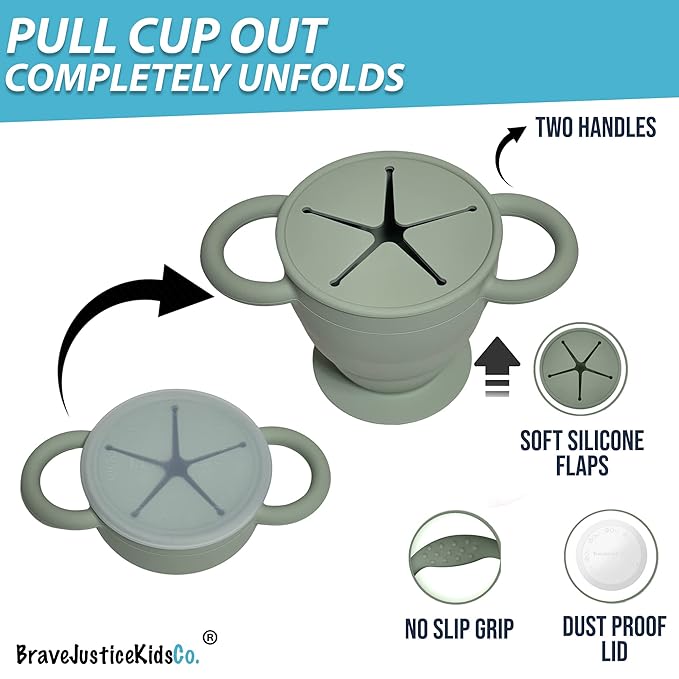 BraveJusticeKidsCo. | Snack Attack II Snack Cup | Collapsible Silicone Snack Container | Toddler and Baby Snack Catcher Lid (Desert Sage)-CubbioJoy