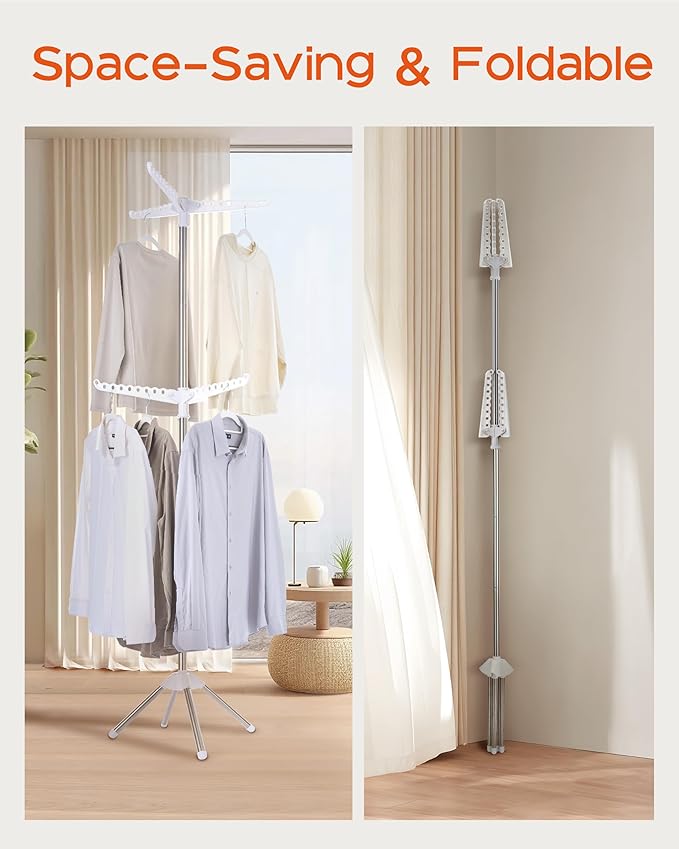 Clothes Drying Rack Foldable, 74.8 inch 2 Tier Laundry Drying Rack with Rotating Clothes Rail for 54 Pieces of Clothes, Space Saving, Indoor, Stainless Steel, White and Silver CDR002W01-CubbioJoy