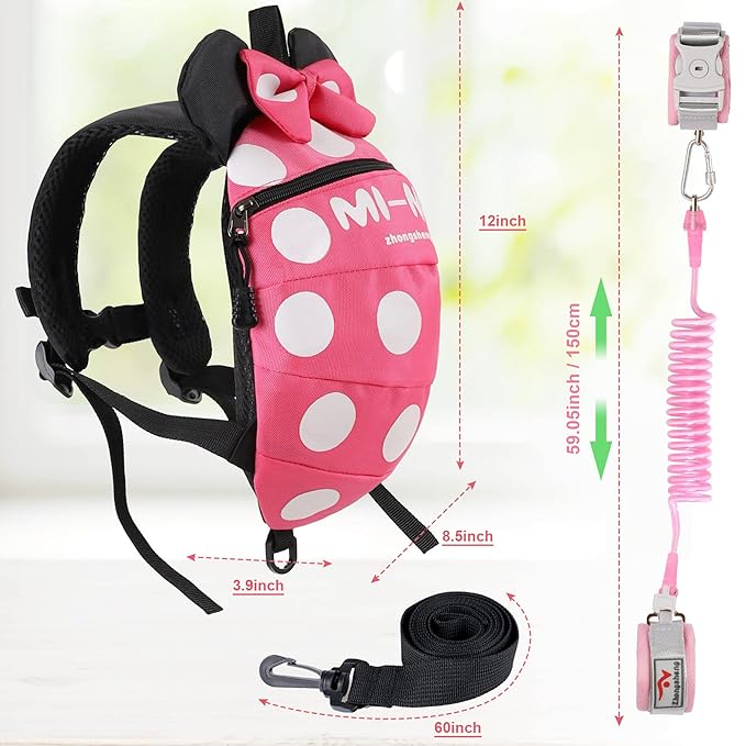 CZSYZCZS 4 in 1 Toddler Harness Leash + Baby Anti Lost Wrist Link, Cute Child Safety Harness Tether, Child Walking Harness Wristband Assistant Strap Belt for Baby Girls(Rose Red)-CubbioJoy