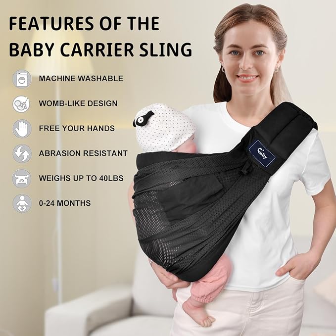 CUBY Mesh Baby Sling Carrier, Breathable Lightweight Baby Wraps Sling with Adjustable Strap Storage Bag- Easy to Wearing Front Baby Slings for Newborn Infant Toddler Carry Up to 40lbs (Black Mesh)-CubbioJoy