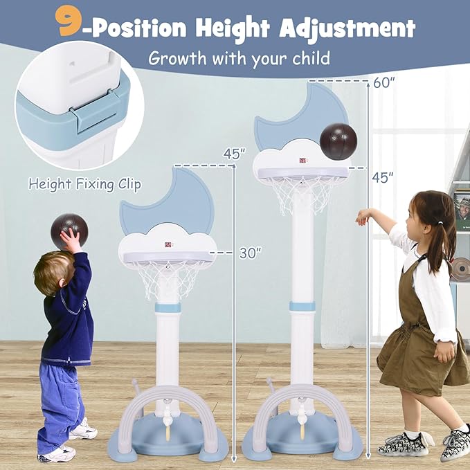 Costzon Kids Basketball Hoop with Electronic Scoreboard Cheer Sound, 4 in 1 Height Adjustable Toddler Basketball Hoop with Soccer, Golf, Ring Toss Game for Indoor Outdoor, Gift(Light Blue Moon)-CubbioJoy