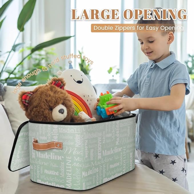 Custom Storage Basket with Name, Personalized Storage Bins with Zipper Lid, Foldable Fabric Storage Box Large capacity with Handle Green-CubbioJoy