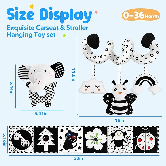 Car Seat Toys for Babies 0-6 Months,Hanging Rattle Toys for Crib Mobile, Baby Spiral Hanging Stroller Black and White High Contrast Toys for Newborn 0 3 6 9 12 Months Baby Boys Girls (Set-1)-CubbioJoy