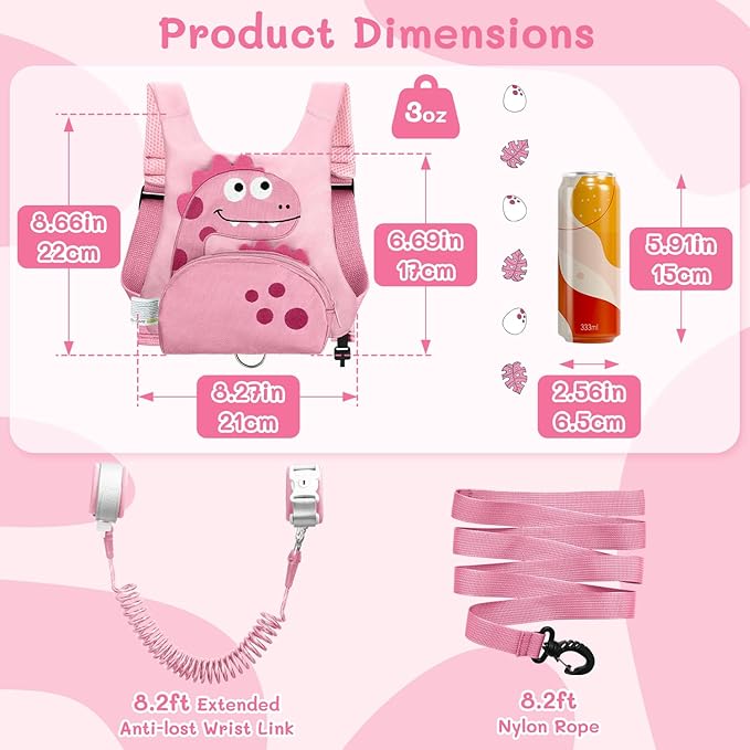 Dr.meter 3 in 1 Toddler Harness Leash + 8.2ft Anti Lost Wrist Link, Cute Dinosaur Kids Anti Lost Leash with Key Lock, Child Walking Harness for Parent Boys Girls Keep Kids Close, Travel Essensials-CubbioJoy