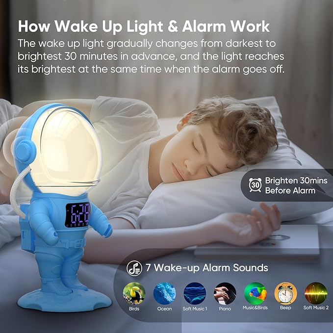 Astronaut Sunrise Alarm Clock for Kids, White Noise Sound Machine with 30 Soothing Sounds, 22 Dimmable Nightlights, Bluetooth Speaker, Dual Digital Alarm Clocks, Wake Up Light for Bedroom, Adults-CubbioJoy
