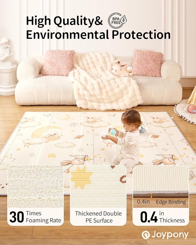 Baby Play Mat, 79 x 71 Inches Extra Large Foldable Play Mats for Babies and Toddlers, Waterproof & Anti-Slip Portable Baby Floor Mat for Tummy Time, Foam Baby Mat for Floor with Travel Bag-CubbioJoy