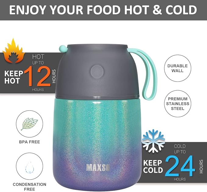 Insulated Thermo Soup Jar for Kids & Adults, 17 oz Stainless Steel Thermal Food Container with Spoon, Triple Layer Insulation (Rainbow)-CubbioJoy