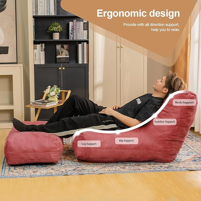 Bean Bag Chair with Ottoman, Comfy Bean Bag Sofa with Memory Foam, Lazy BeanBag Sofa with Footstool, Fireside Bean Bag Couch for Living Room, Bedroom, Apartment-CubbioJoy