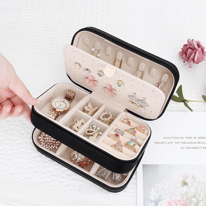 DesignSter Small Travel Jewelry Box with Double Zipper, 2 Layers PU Portable Jewelry Case for Women and Girls,Travel Jewelry Organizer for Rings, Earrings, Necklaces, Bracelets,Black-CubbioJoy