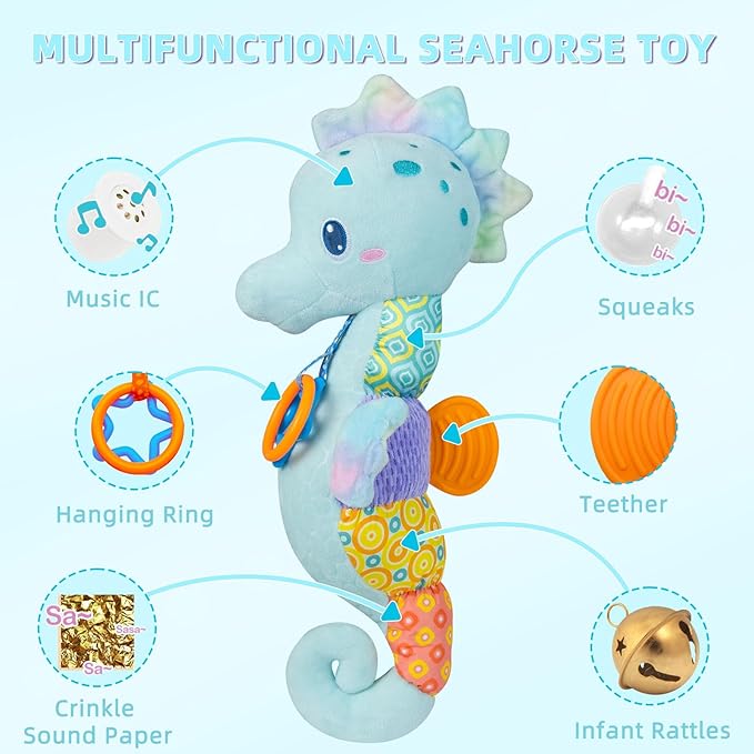 Baby Toys 0-6 Months,Infant Musical Seahorse Stuffed Animals Sensory Toys with Bright Colors,Multiple Textures,Rattles & Crinkle Sound Paper,Soft Tummy Time Toy for Newborn Boys Girls 0-12 Months-Blue-CubbioJoy