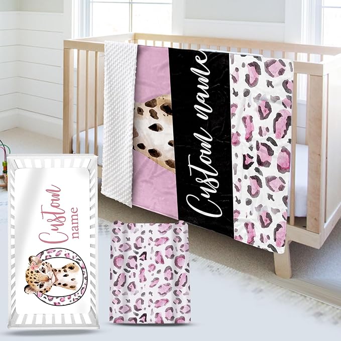 Custom Name Crib Bedding Set - Pink Leopard Theme, Personalized Nursery Bedding 3-Piece Set– Soft Blanket, Fitted Sheet, Changing Pad Cover – for Newborns Girls Nursery Gifts-CubbioJoy
