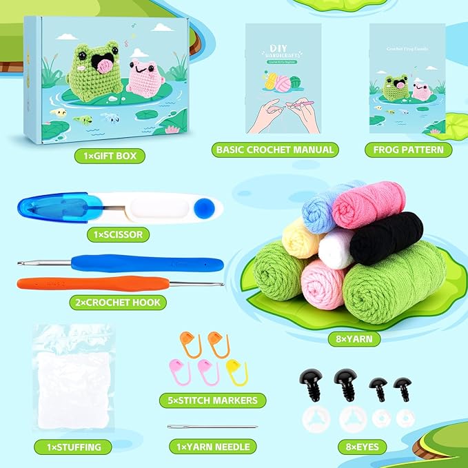 Crochet Kit for Beginners - Frog Family Crochet Kits with Step-by-Step Video Tutorials, Beginner Crochet Kit for Adults and Kids, 2 PCS Frogs and 3 PCS Tadpoles Crocheting Set-CubbioJoy