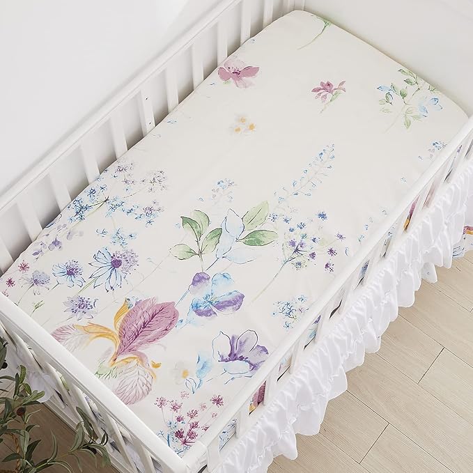 Brandream Gilrs Floral Bedding Boho Baby Bedding Watercolor Farmhouse Nursery Crib Blanket Set 3 Piece, Fitted Sheet, Skirt-CubbioJoy