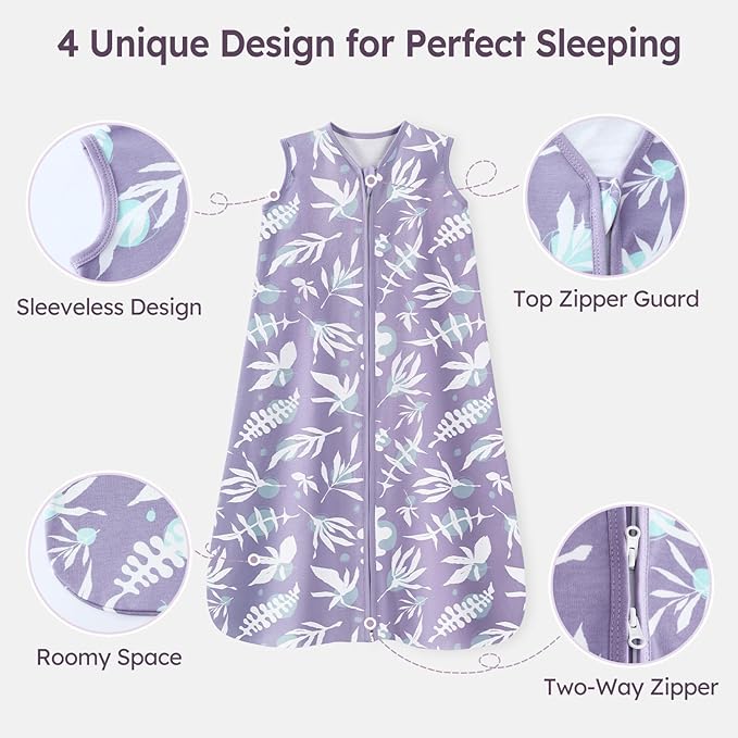 Baby Sleep Sack 12-18 Months 3 Pack 100% Cotton Lightweight 0.5 TOG Wearable Blanket Baby Sleep Bag with 2-Way Zipper for Newborn Infant Purple Leaf-CubbioJoy