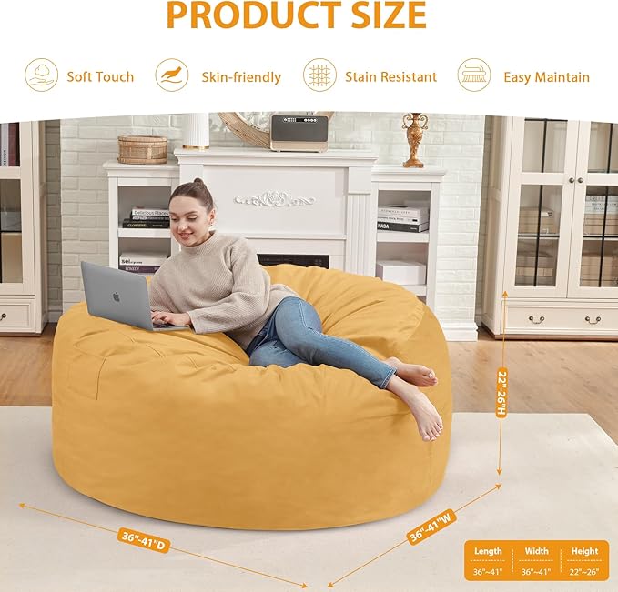 3FT Bean Bag Chair, Comfy Bean Bag Chairs with Memory Foam Filled, Fluffy Beanbag Sofa with Dutch Velvet Cover, Round BeanBag Chairs for Living Room, Playroom - Mustard-CubbioJoy